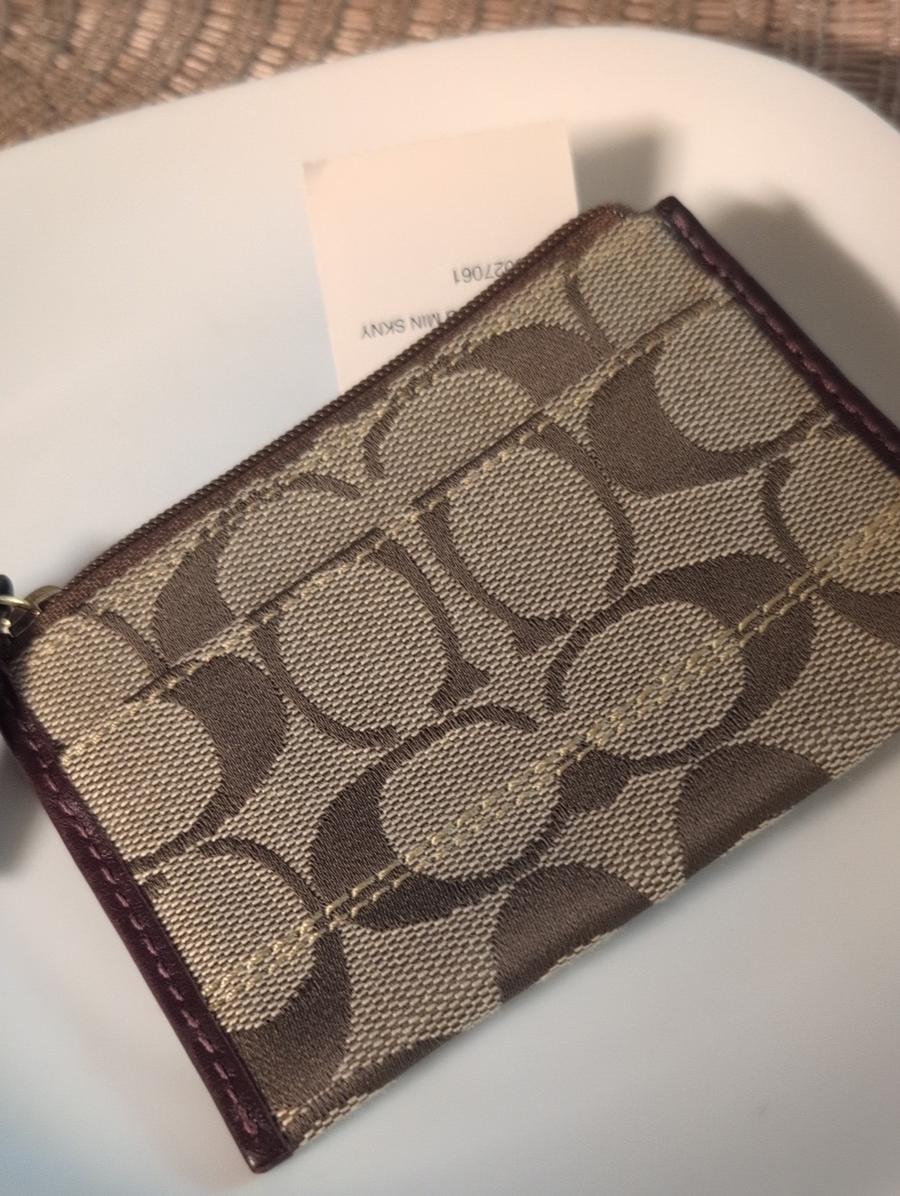 Coach Canvas Mini Signature Coin Pouch in Brown and Burgundy Trim - Picture 5 of 5